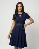 Chic Blue Dress with Lace Detail and Defined Waist