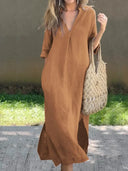 Stylish Solid Color Women's V-Neck Dress with Pocket