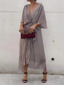 Chic Green V-Neck Chiffon Dress for Women