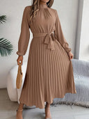Stylish Solid Color Dress with Pleated Belt