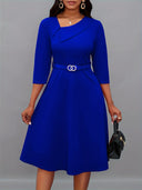 Asymmetrical Neck Belt 3/4 Sleeve Dress - Year-Round Style
