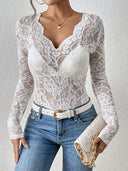Chic V-Neck Lace Long Sleeve Top