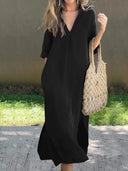 Stylish Solid Color Women's V-Neck Dress with Pocket