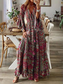 Bohemian Paisley Maxi Dress with Trumpet Sleeves