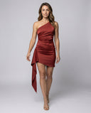 Asymmetrical Evening Dress with Decorative Belt & Side Draping