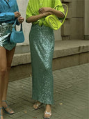 Fashionable Long High-Waisted Skirt with Glitter and Sequins for Women