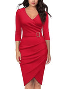 Chic V-Neck Dress with High Waist and Belt for Women
