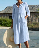 Airy Cotton Summer Midi Dress with Button Placket