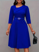 Asymmetrical Neck Belt 3/4 Sleeve Dress - Year-Round Style