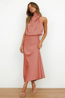 Chic Halter Neck Satin Maxi Dress