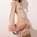 Sequin-Embellished Dress with Feather Trim