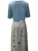 Chic Floral Dress Set with Round Neck Crop Top