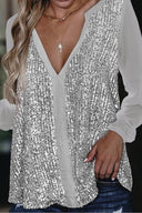 Sequin V-Neck Blouse with Long Sleeves
