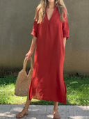 Stylish Solid Color Women's V-Neck Dress with Pocket