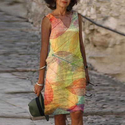 Vibrant Leaves Sleeveless Dress for Women