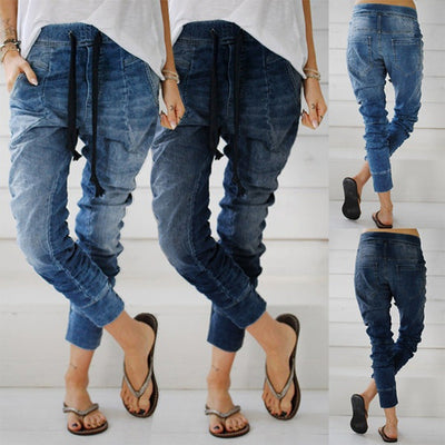 Women's Trendy Denim Harem Pants with Stretchy Waist