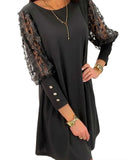 Solid Color Dress with Round Neckline & Puff Sleeves