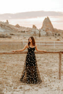 Chic Evening Dress with Star Appliqués in Sheer Fabric