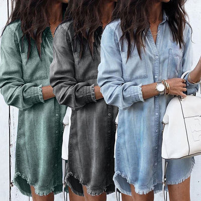 Trendy Women's Denim Shirt Dress with Fringe Detail