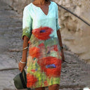Chic V-Neck Spring Dress with Three-Quarter Sleeves