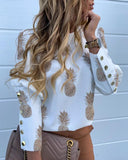 Chic Women's Long Sleeve Blouse with Pineapple Design and Button Accents