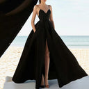 Chic Women's A-Line Evening Dress with Deep V-Neck Design