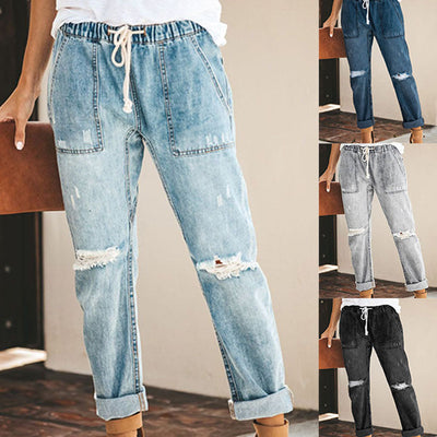 Trendy Women's Ripped Jeans with Adjustable Waist