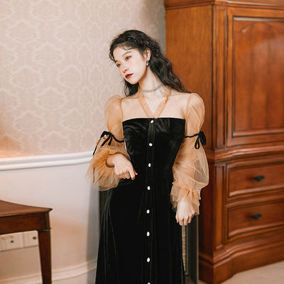 Chic Women's Dress with Puff Sleeves & Button Detail