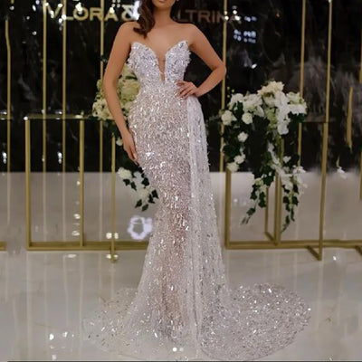 Stunning Evening Dress with Sequined Detail and Sheer Overlay