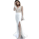 Chic High Slit Evening Gown with Sheer Top and Pearl Accents