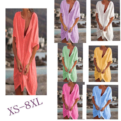 Linen Beach Dress for Women with Button Placket and Side Slits