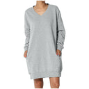 Chic Women's Long Sleeve Dress with Deep V-Neck and Handy Pockets