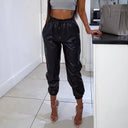 Chic Faux Leather Jogging Trousers with Elastic Waist and Pockets