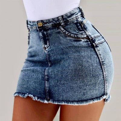 High Waist Frayed Hem Denim Skirt for Women