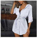 Chic Women's Button-Up Shirt Dress with Waist Belt