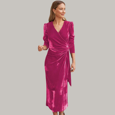 Velvet Midi Wrap Dress with Statement Puff Sleeves