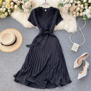 Knee-Length Solid V-Neck Pleated Dress