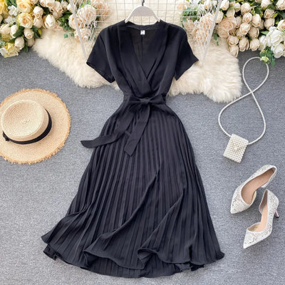 Knee-Length Solid V-Neck Pleated Dress
