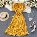 Knee-Length Solid V-Neck Pleated Dress