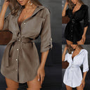 Chic Women's Button-Up Shirt Dress with Waist Belt