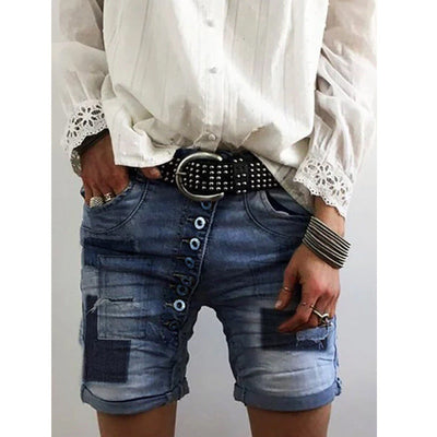 Women's Distressed Denim Shorts with Button Closure