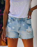 Star Print Frayed Hem Denim Shorts for Women