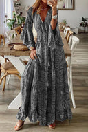 V-Neck Bohemian Dress with Flared Sleeves
