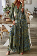 V-Neck Bohemian Dress with Flared Sleeves