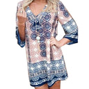 Vibrant Mandala Print Short Dress with Flared Sleeves