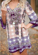 Vibrant Mandala Print Short Dress with Flared Sleeves