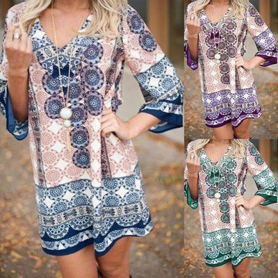 Vibrant Mandala Print Short Dress with Flared Sleeves