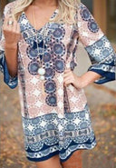 Vibrant Mandala Print Short Dress with Flared Sleeves