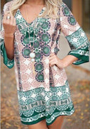 Vibrant Mandala Print Short Dress with Flared Sleeves