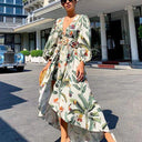 Chic Women's Maxi Dress with V-Neck & Billowy Sleeves